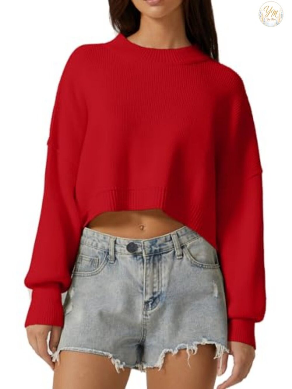 Women's Mock Neck Cropped Sweater Long Sleeve Drop Shoulder Oversized Knit